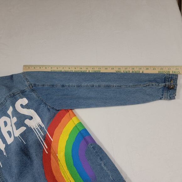 M&M Rainbow Vibes Denim Jean Jacket Large Pride Distressed - Picture 13 of 16